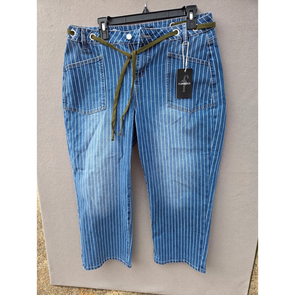 Flamingals Pinstripe Denim Pants XL Blue White Stripe Utility Cropped Jeans NEW